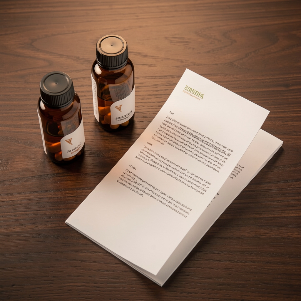 Amber supplement bottles and folded documentation on a dark wooden desk, viewed from above under warm studio lighting