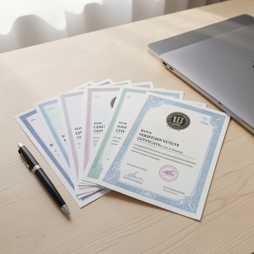 Printed batch verification certificates fanned out on a pale wooden desk beside a pen and a closed laptop, soft morning light