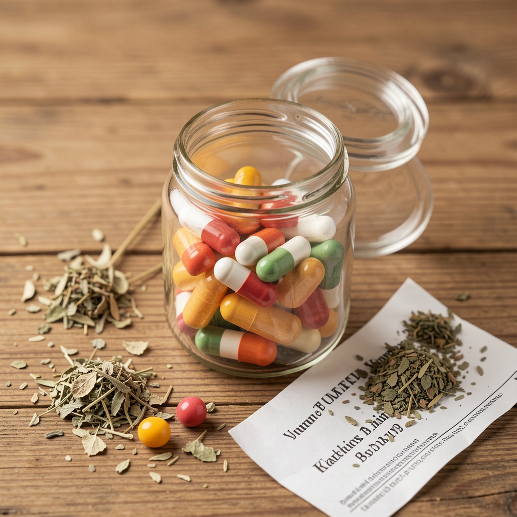 Open glass jar of vitamin capsules on a wooden surface with scattered dried herbs and a folded batch certificate