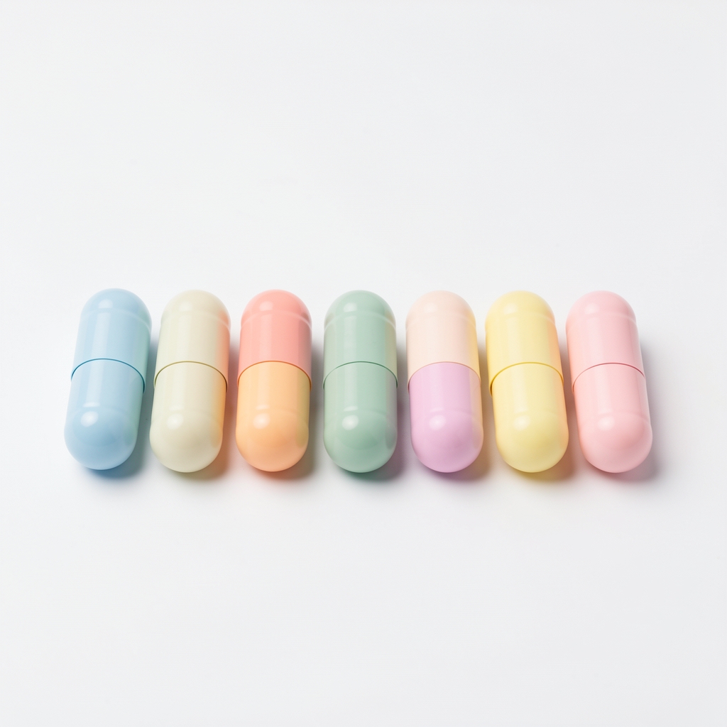 Six pastel-coloured vitamin supplement capsules arranged in a row on a clean white surface under flat even studio lighting