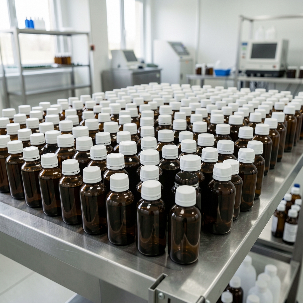 Rows of amber glass supplement bottles sealed with white caps, neatly arranged on a metal shelf in a clean quality-control environment
